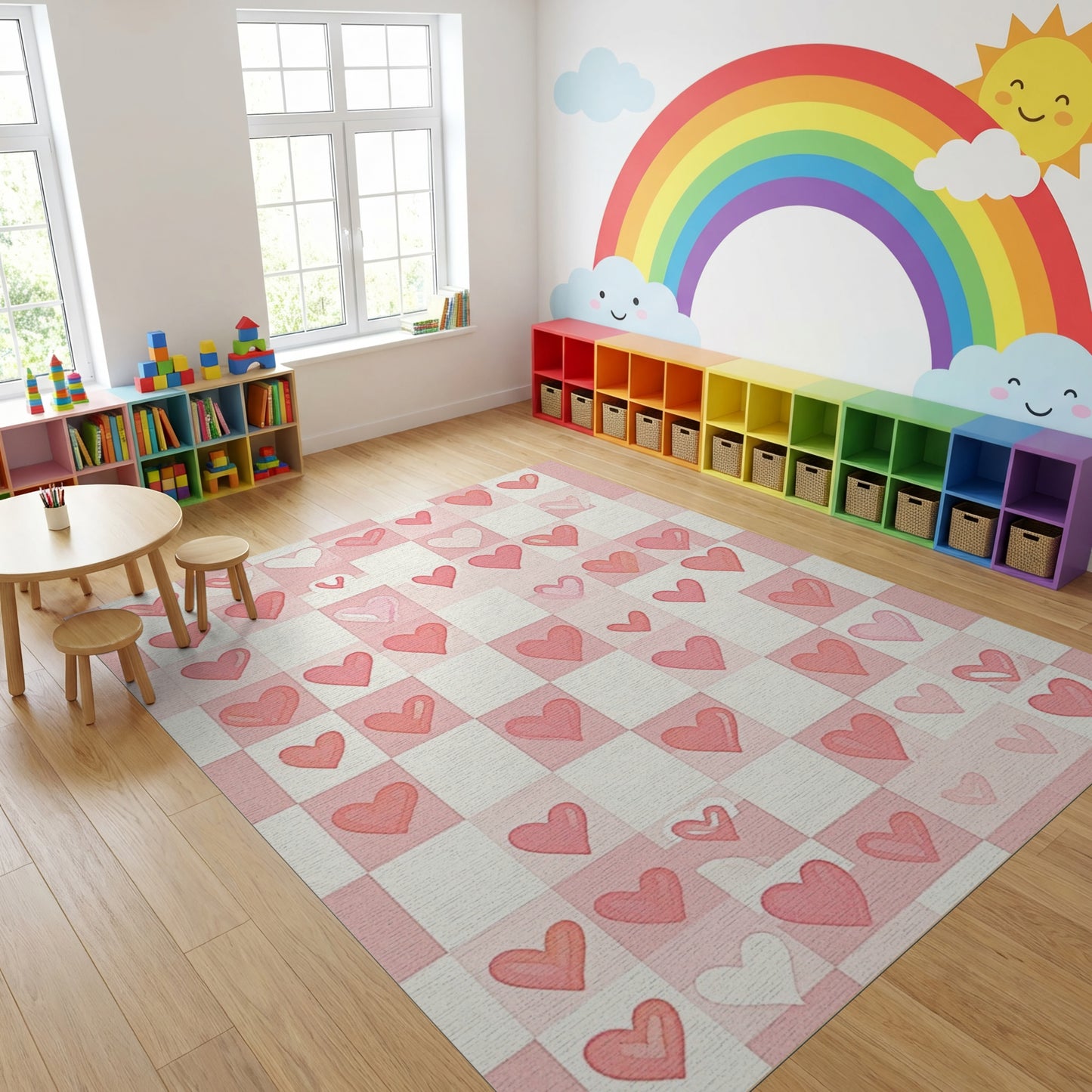 Whimsical Pink White Checkered Hearts Rug
