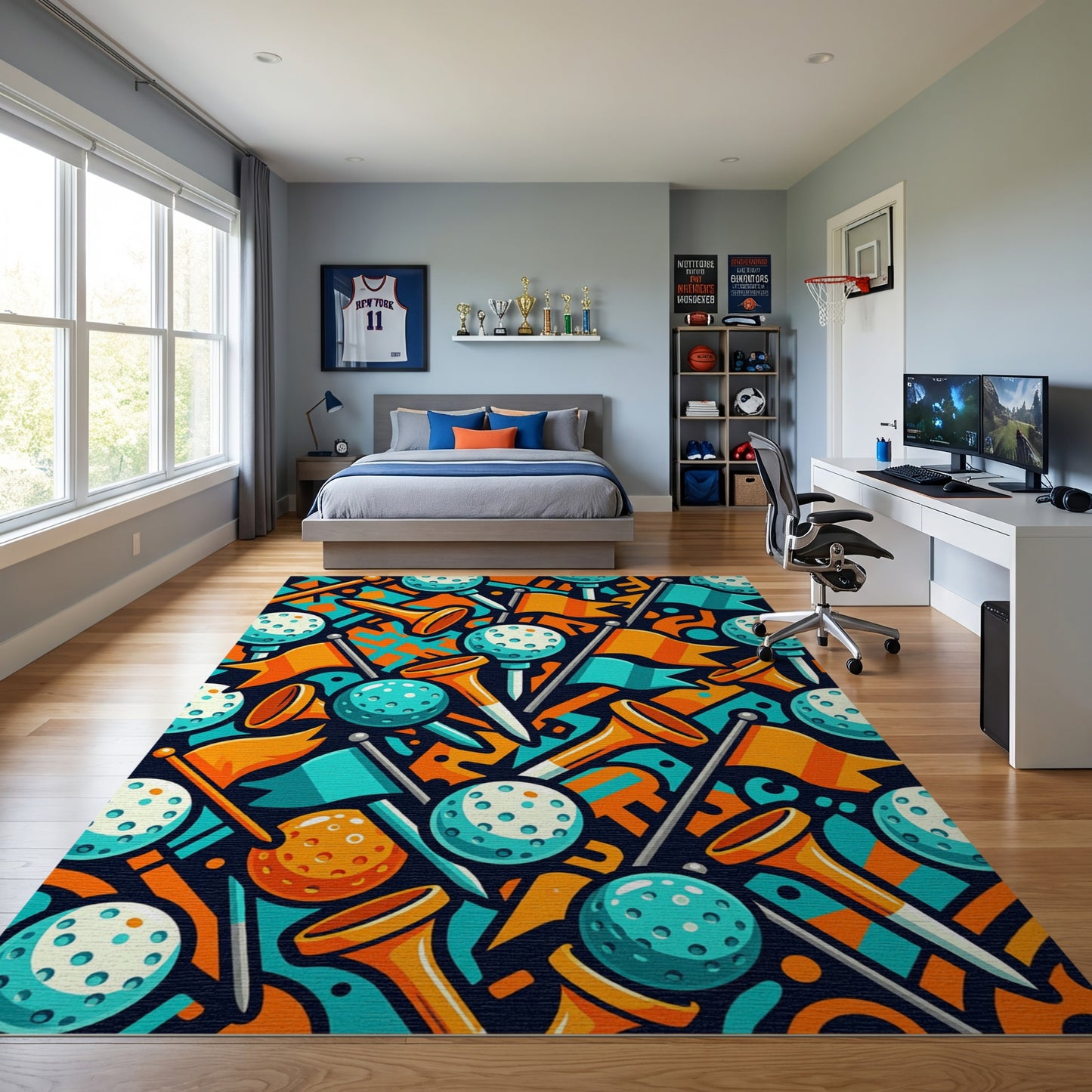 Vibrant Golf Balls Tees Flags Rug