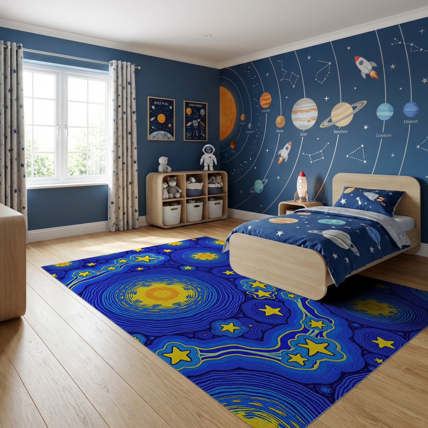 Navy Blue Swirling Yellow Stars Circles Rug