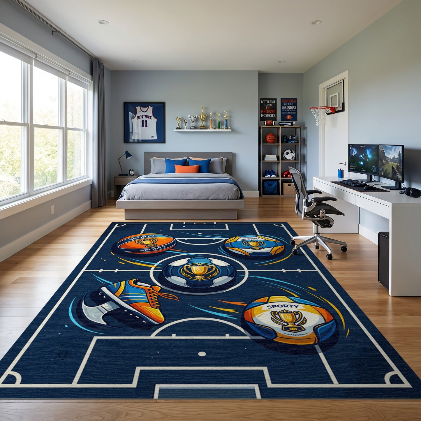 Dynamic Sports Balls Sneakers Trophies Rug