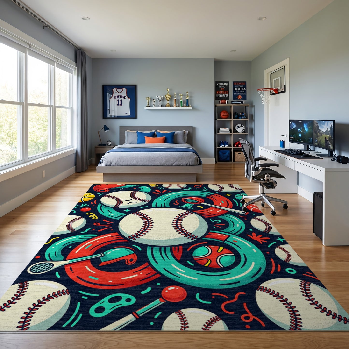 Whimsical Baseball Bats Rings Helmets Rug