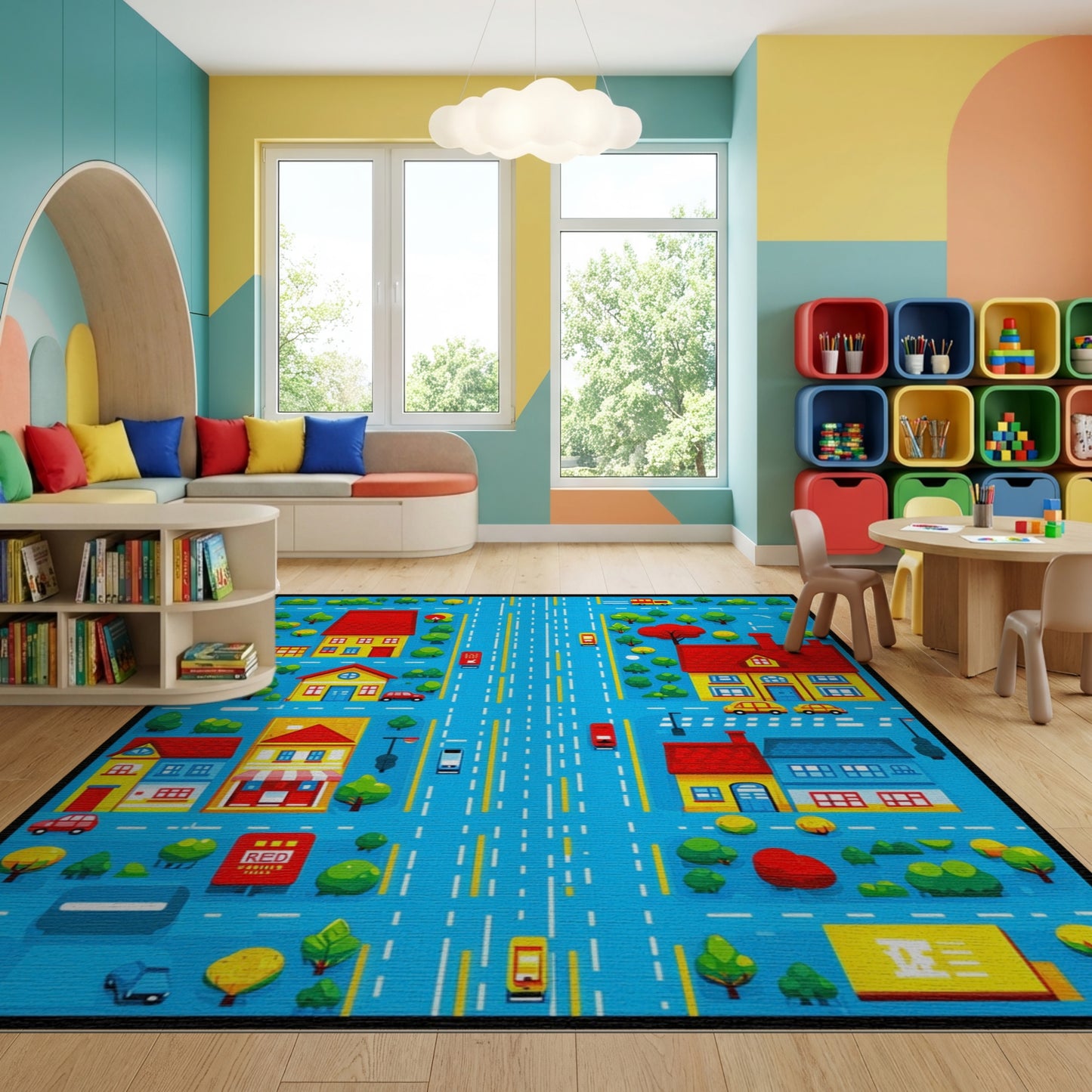 Playful Colorful Village Street Scene Rug