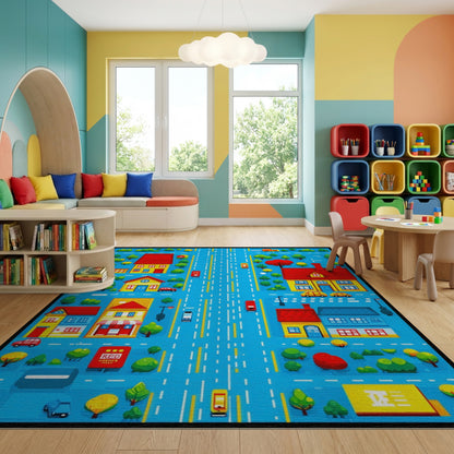 Playful Colorful Village Street Scene Rug