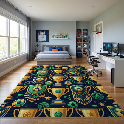 Vibrant Golden Soccer Victory Trophies Rug