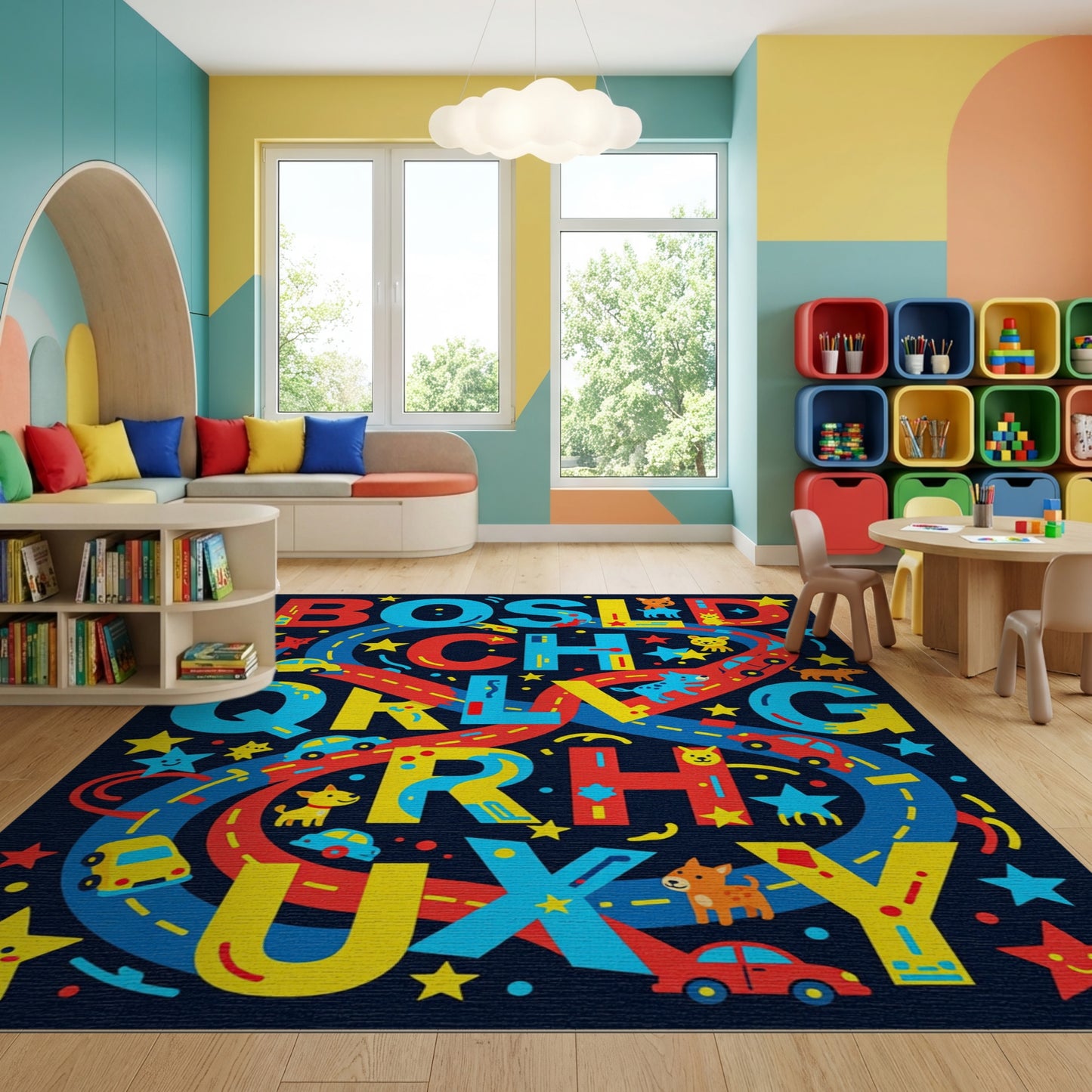 Vibrant Playful Alphabet Cars Animals Rug