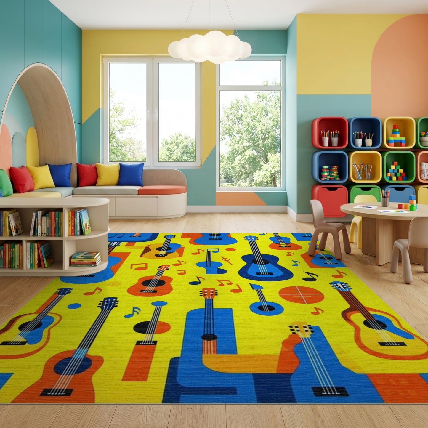 Vibrant Blue Orange Guitars Notes Rug