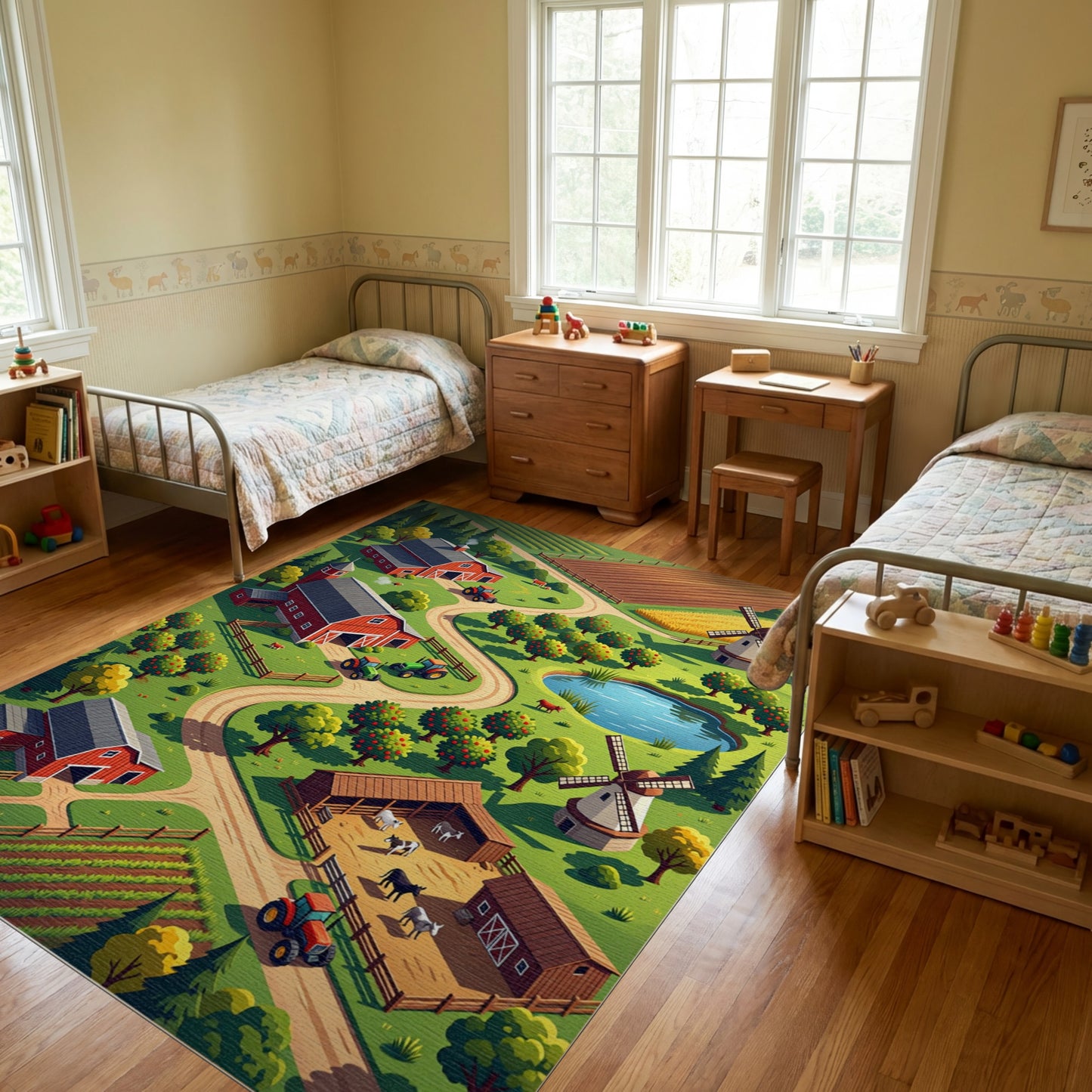 Vibrant Isometric Farm Barn Scene Rug