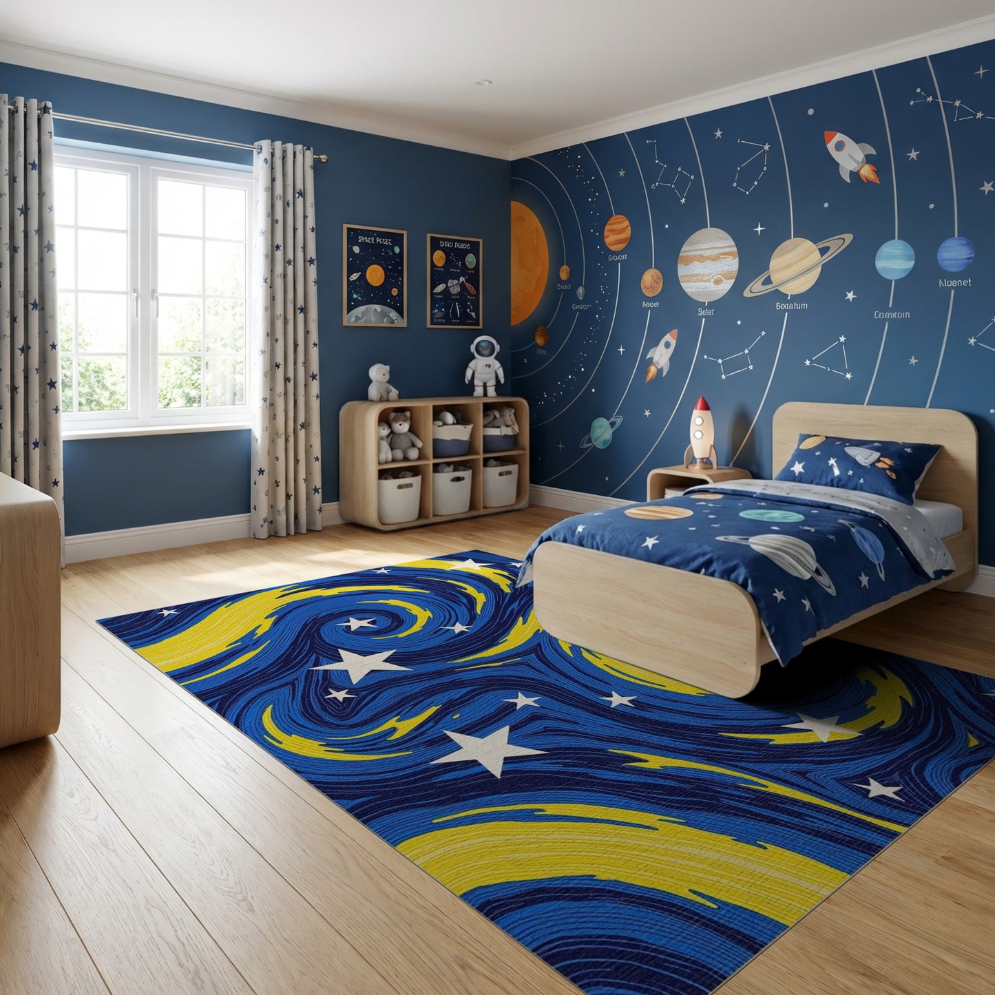 Navy Yellow Swirling Stars Rug