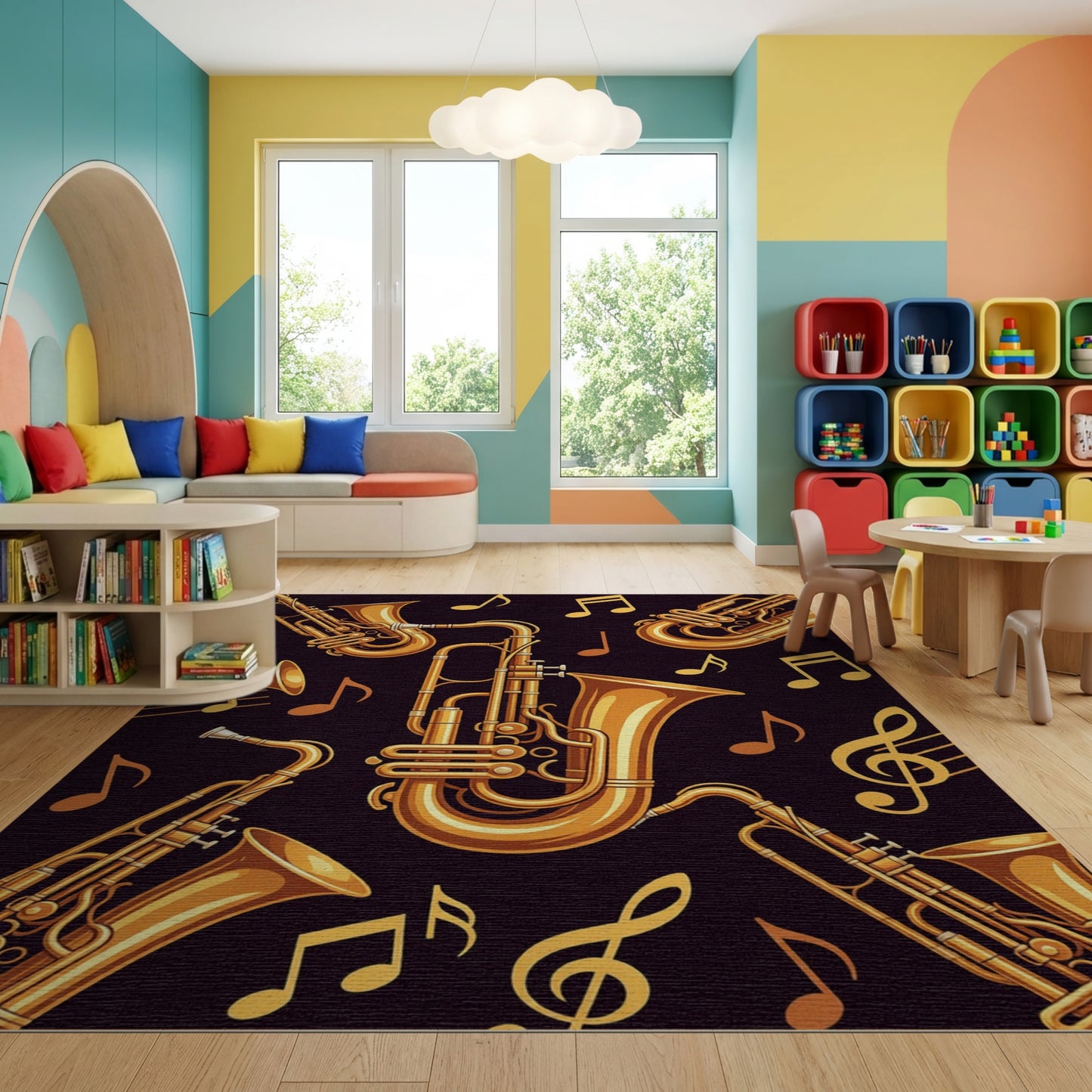 Golden Saxophones Music Notes Black Rug