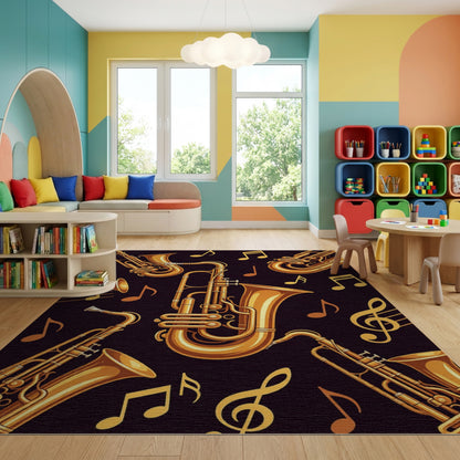 Golden Saxophones Music Notes Black Rug