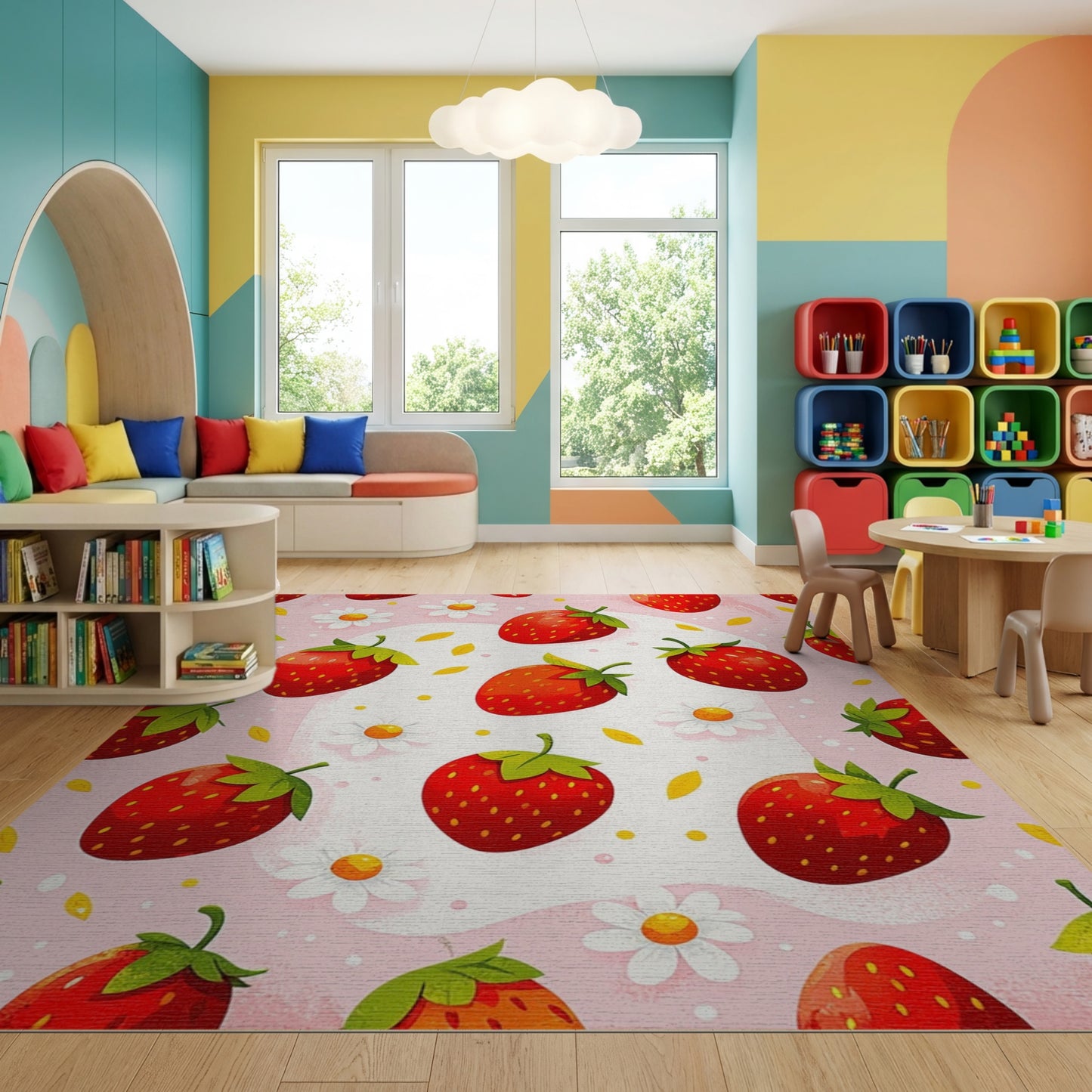 Pink Strawberry Daisy Whimsical Rug