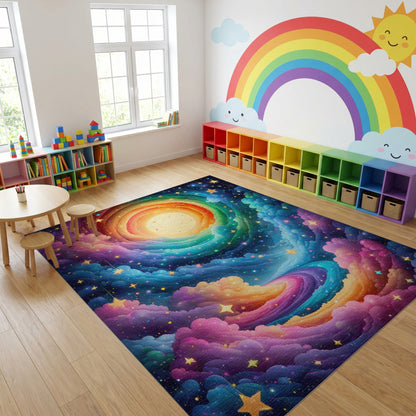 Dreamy Rainbow Swirl Clouds Stars Rug