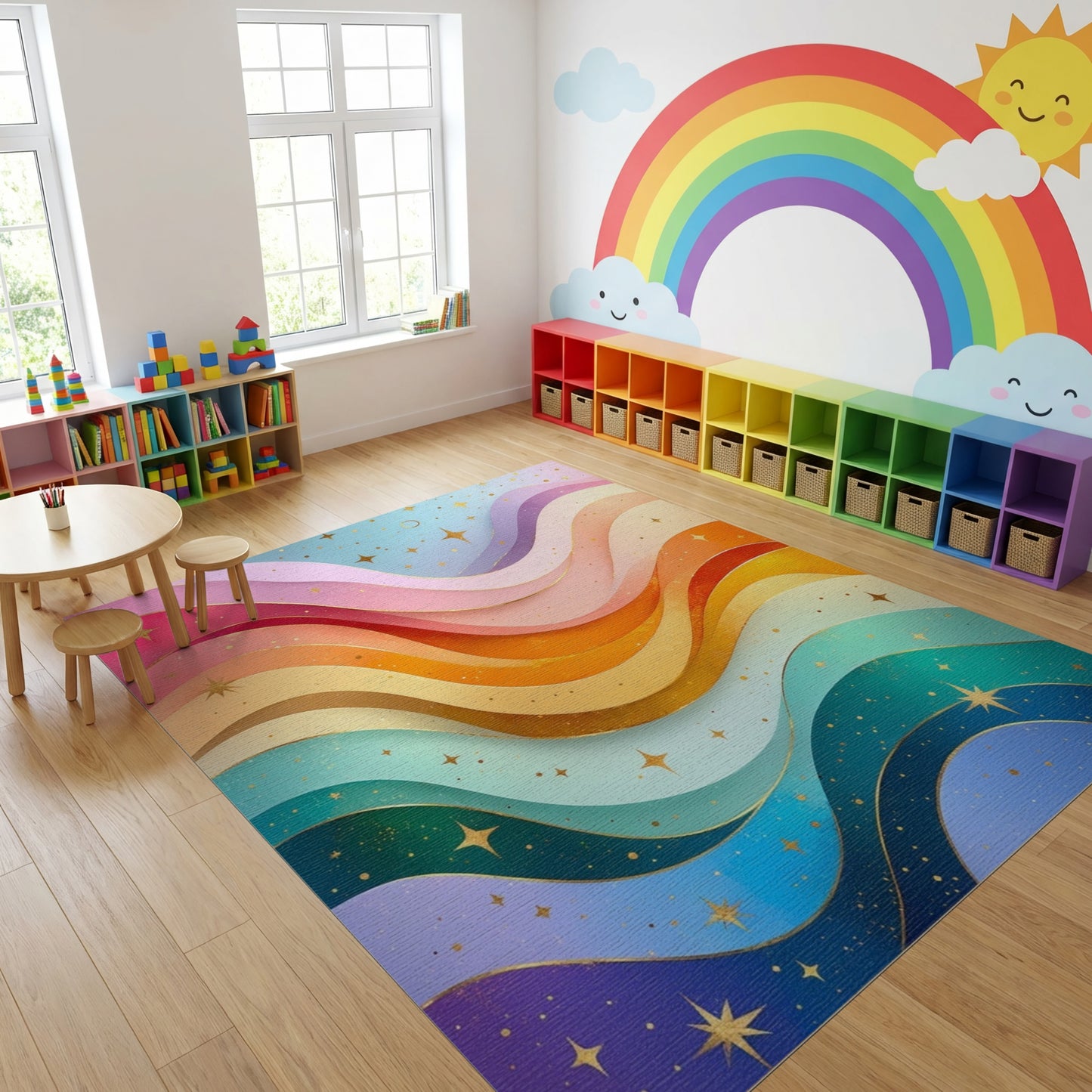 Vibrant Wavy Rainbow Stars Rug
