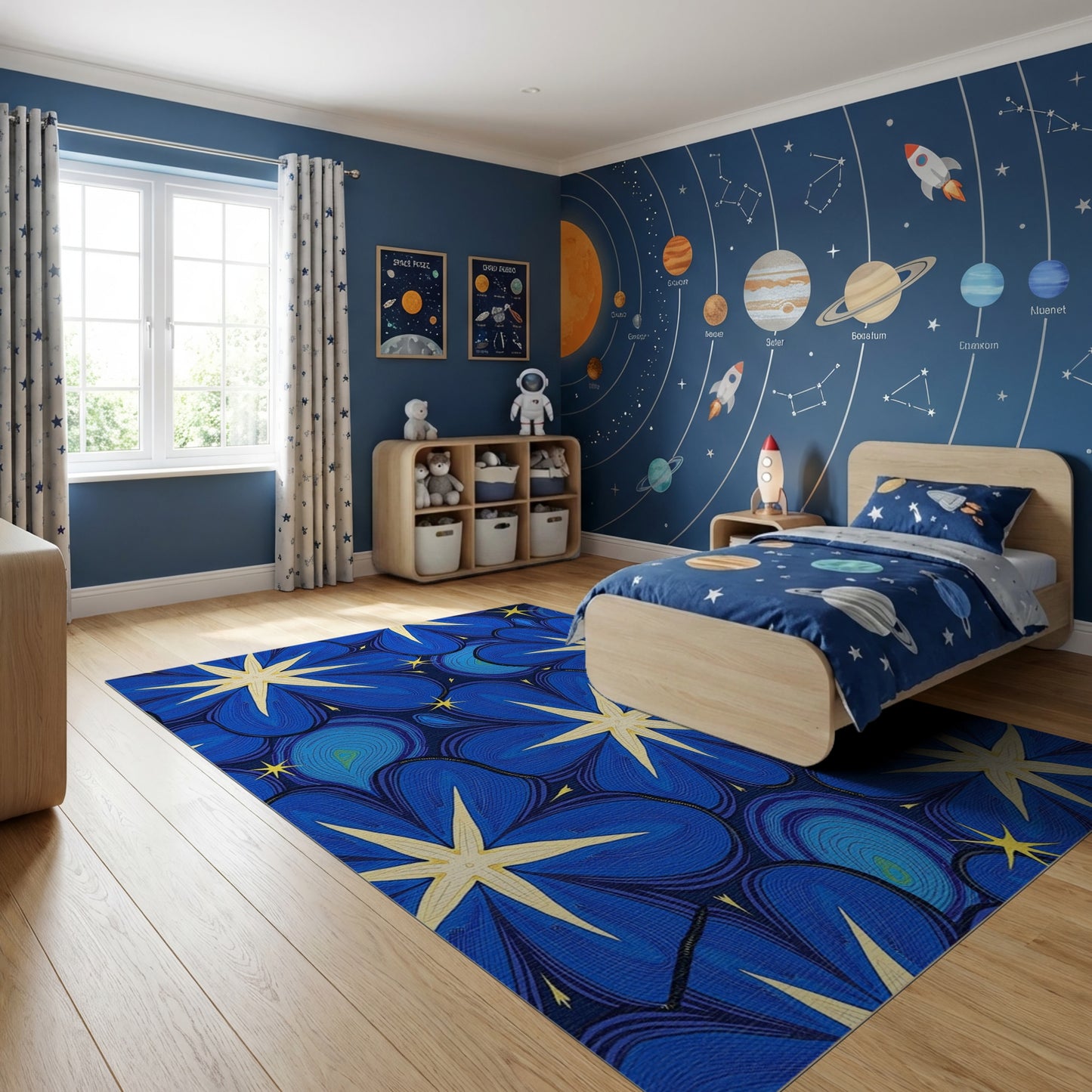 Vibrant Navy Starry Floral Peacock Rug