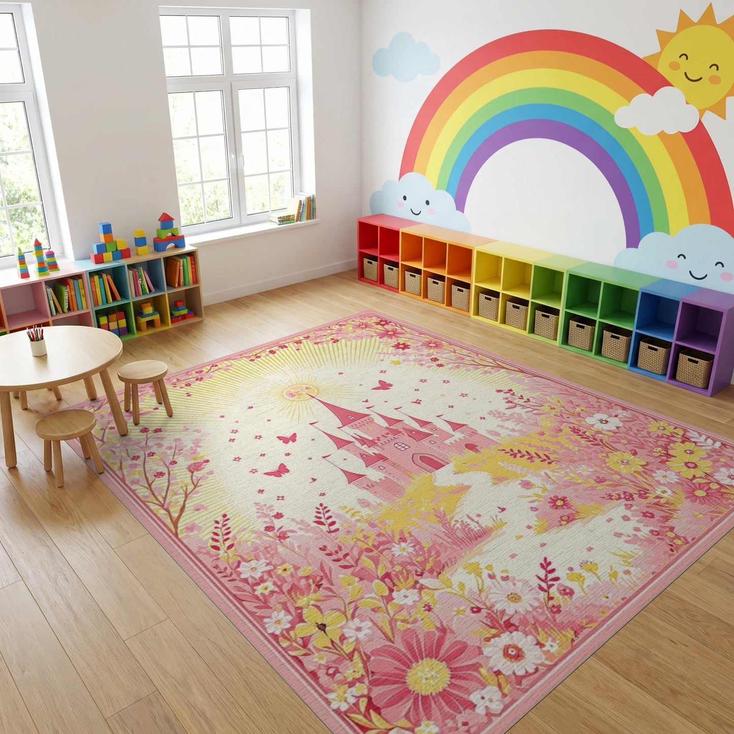 Whimsical Pink Castle Butterflies Floral Rug