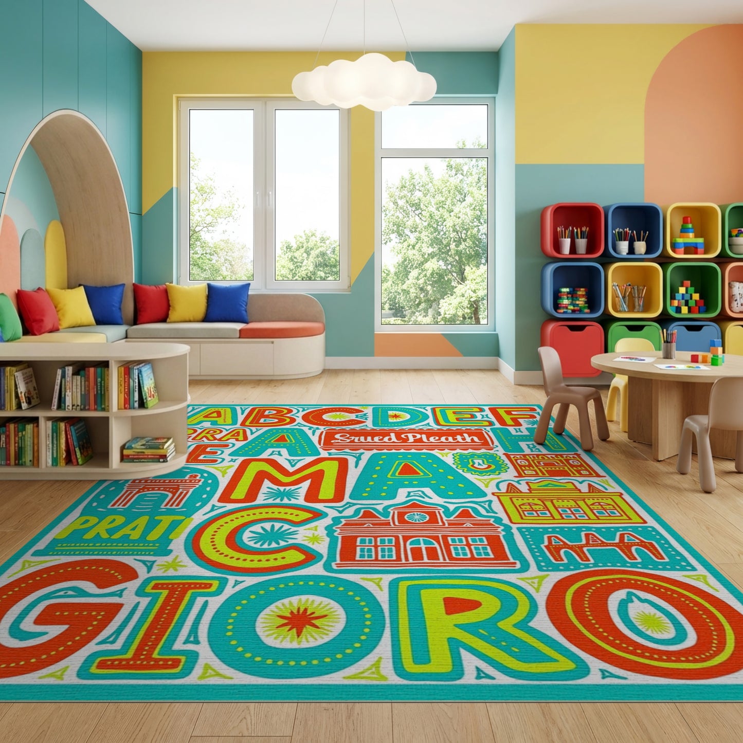 Colorful Oversized Alphabet Buildings Rug