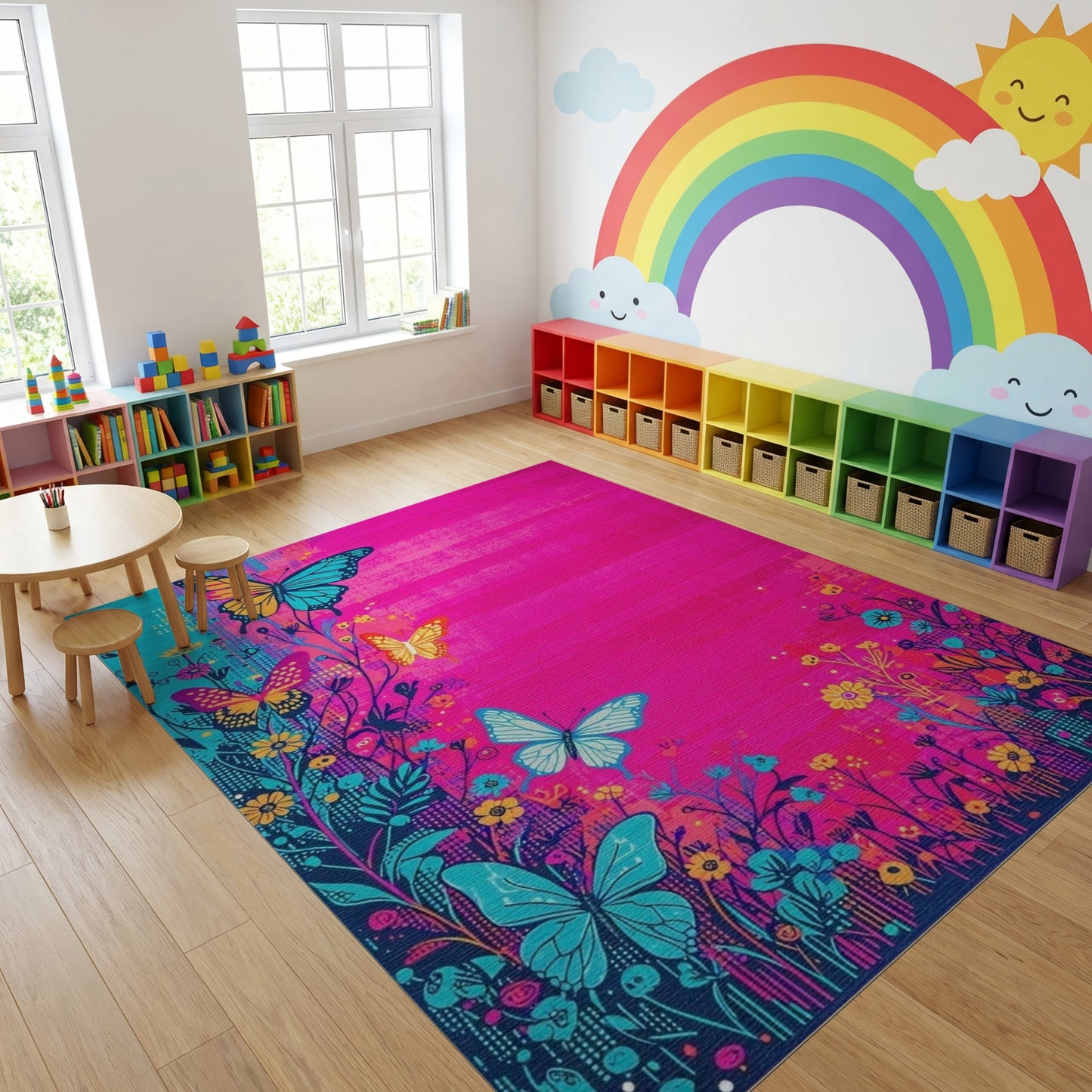 Vibrant Pink Teal Butterfly Floral Rug