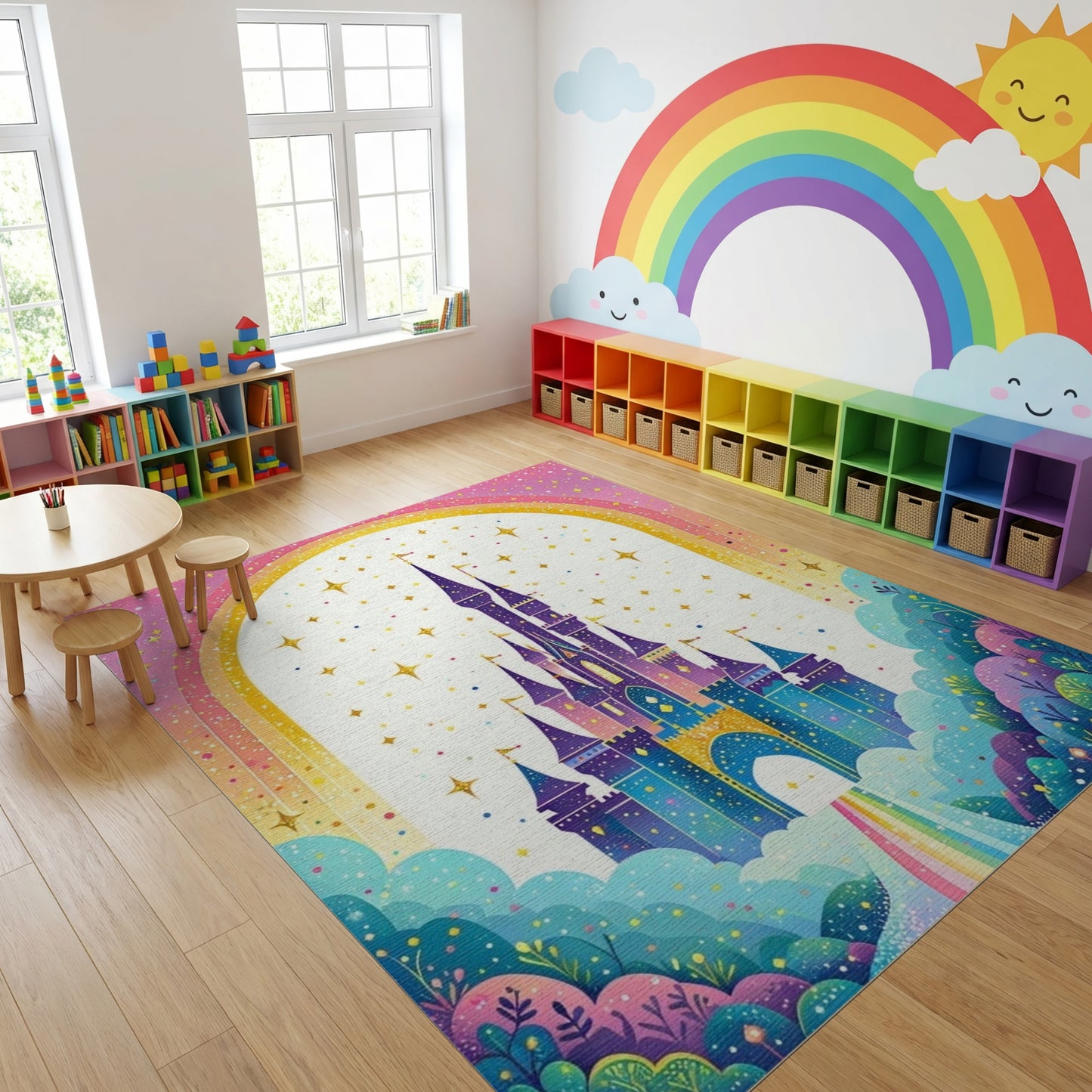 Whimsical Castle Rainbow Stars Rug