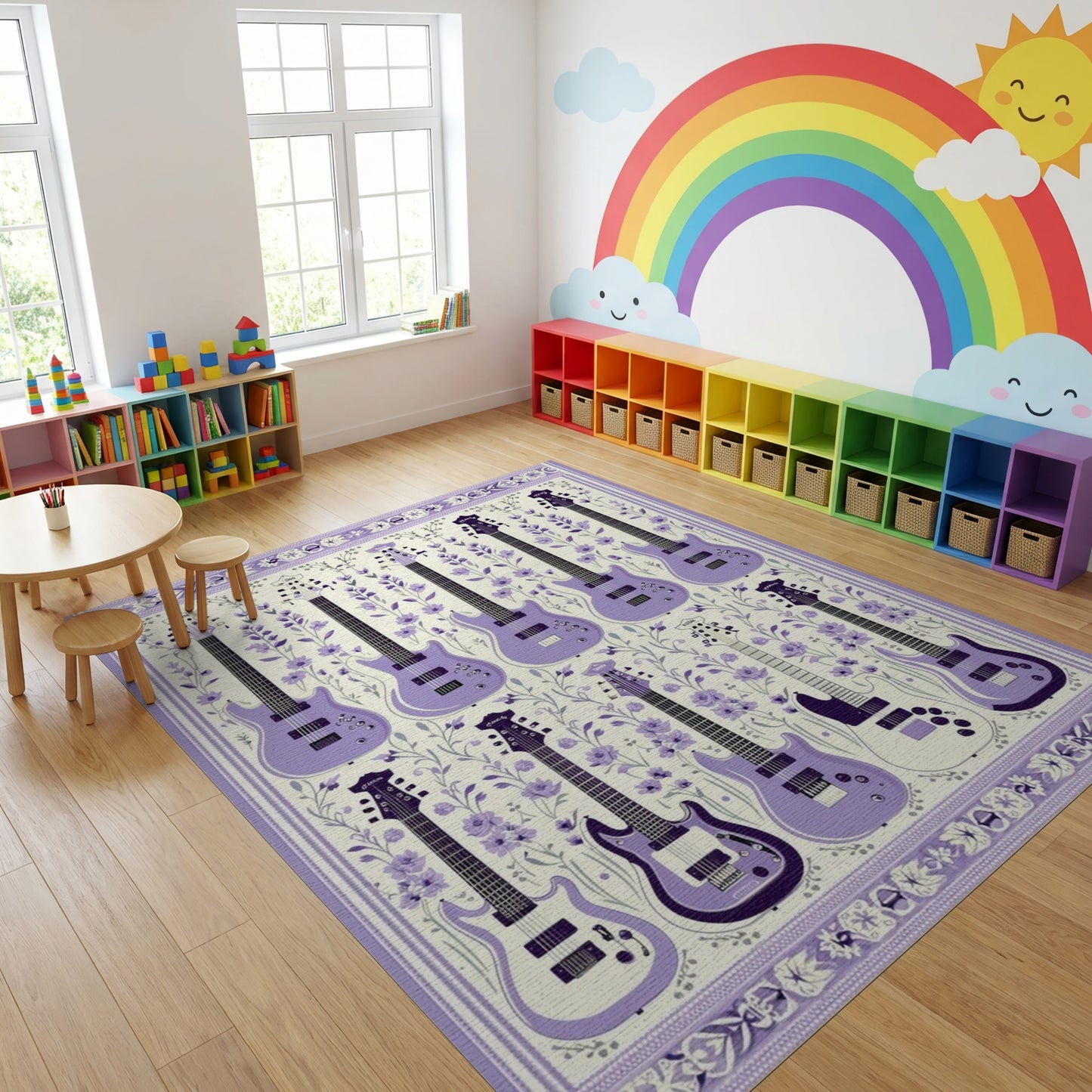 Purple Electric Guitars Floral Rug