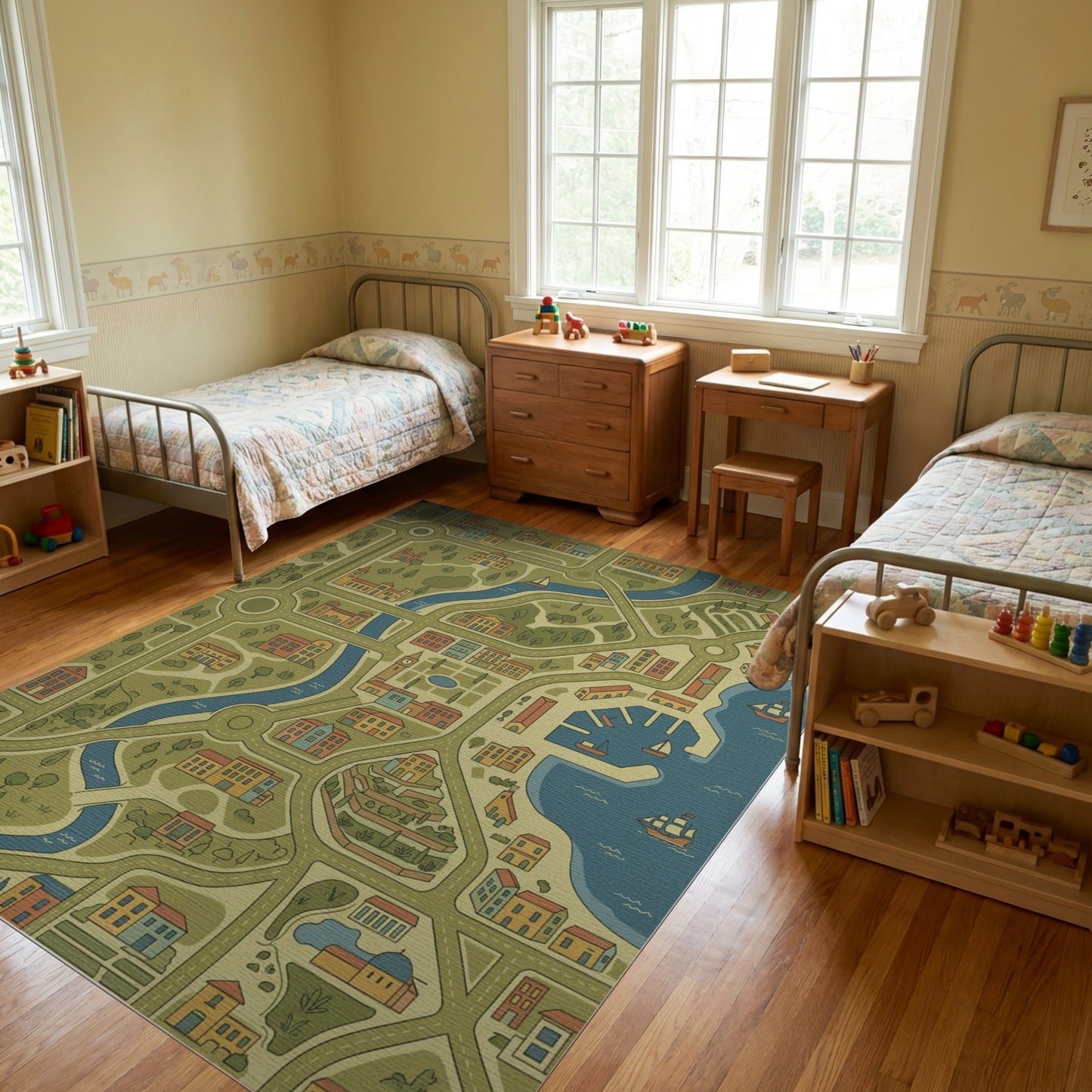 Whimsical Riverside Harbor Town Rug