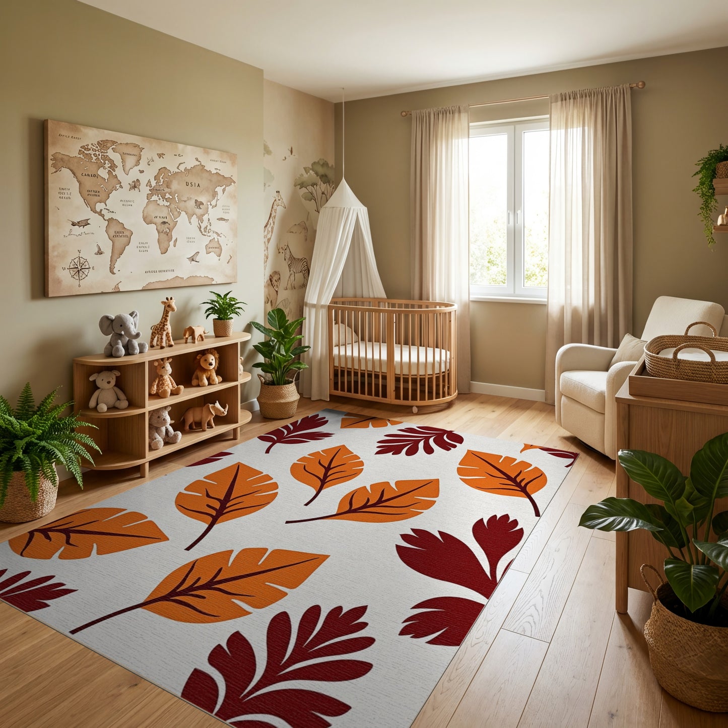 Bold Orange Maroon Tropical Leaves Rug