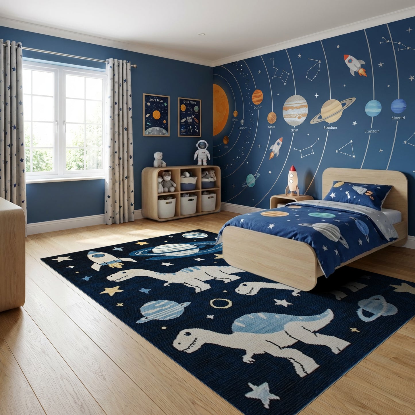 Whimsical Dino Rocket Planet Stars Rug