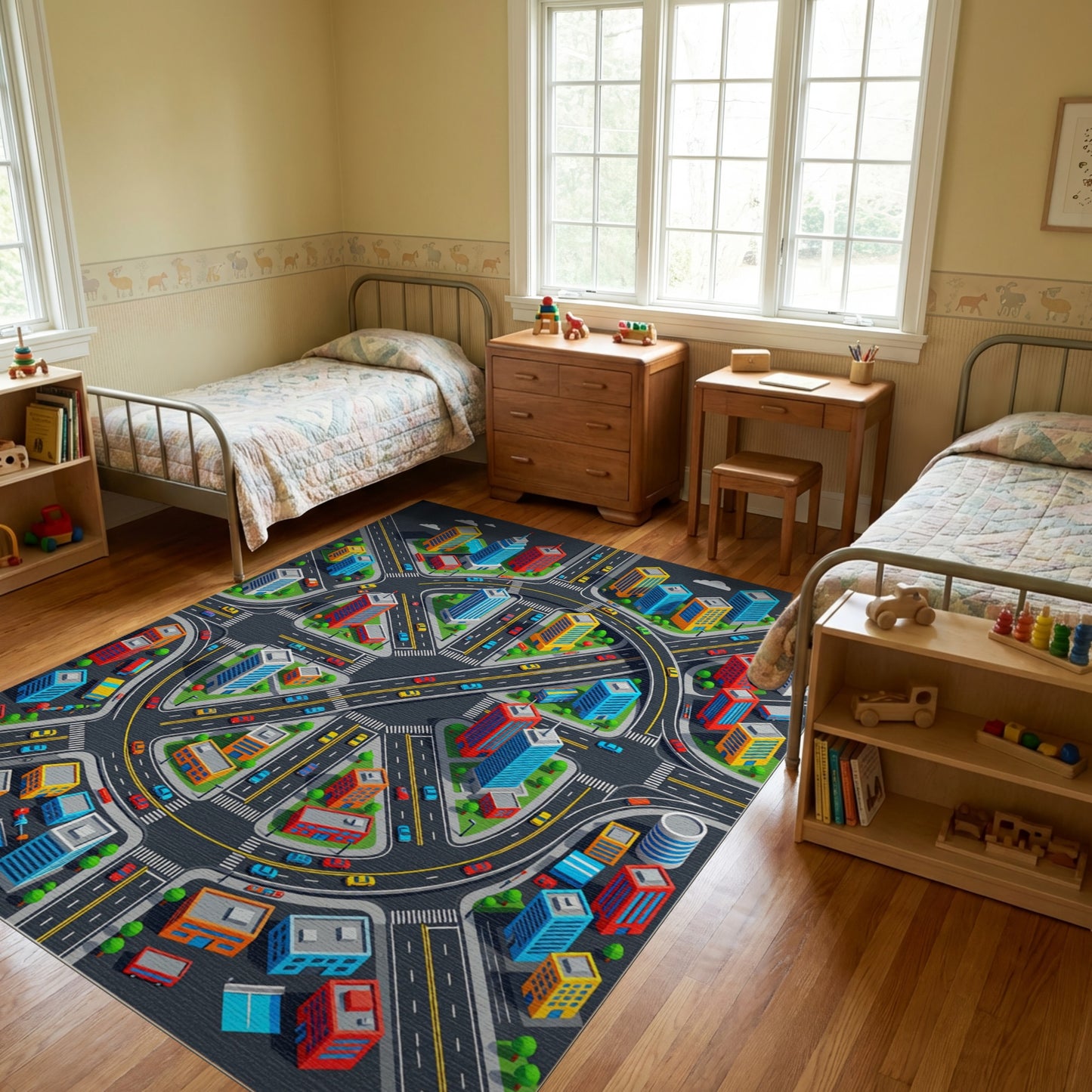 Vibrant Isometric City Roundabout Rug