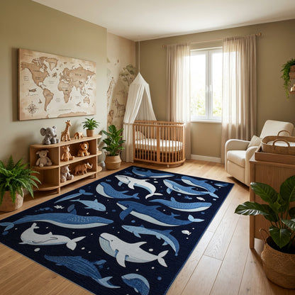 Whimsical Navy Whales and Fish Rug