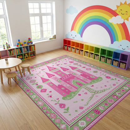 Whimsical Pink Green Castle Floral Rug