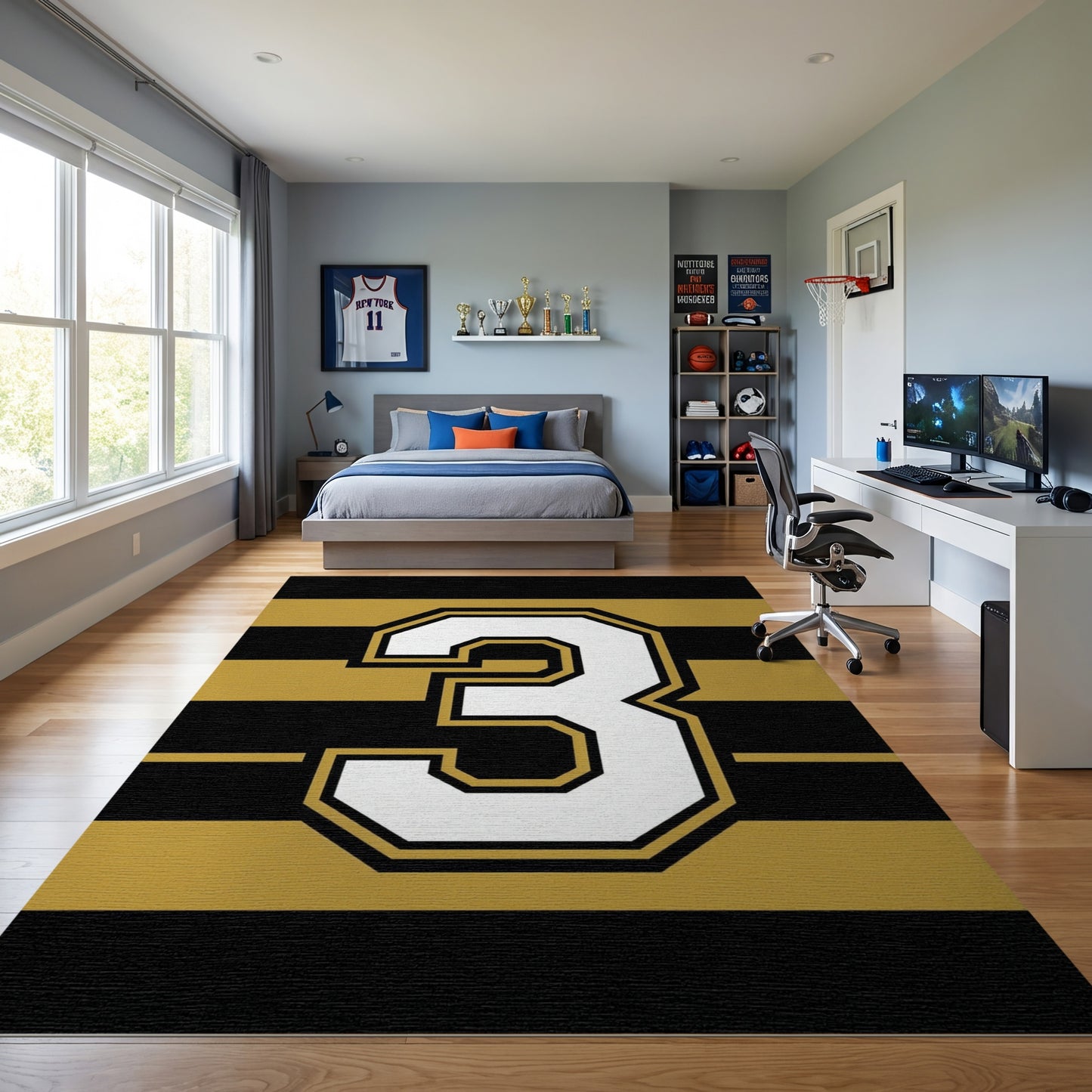 Bold Black Gold Striped Number 3 Rug