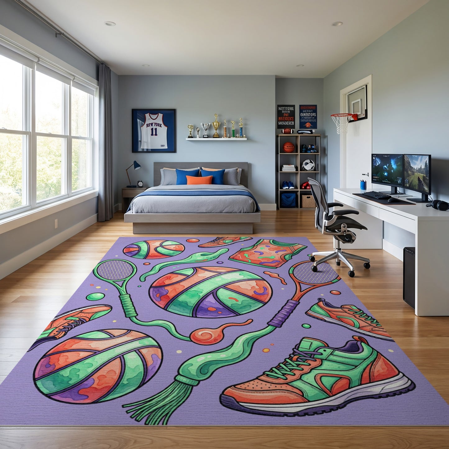 Vibrant Basketball Tennis Sneaker Pattern Rug