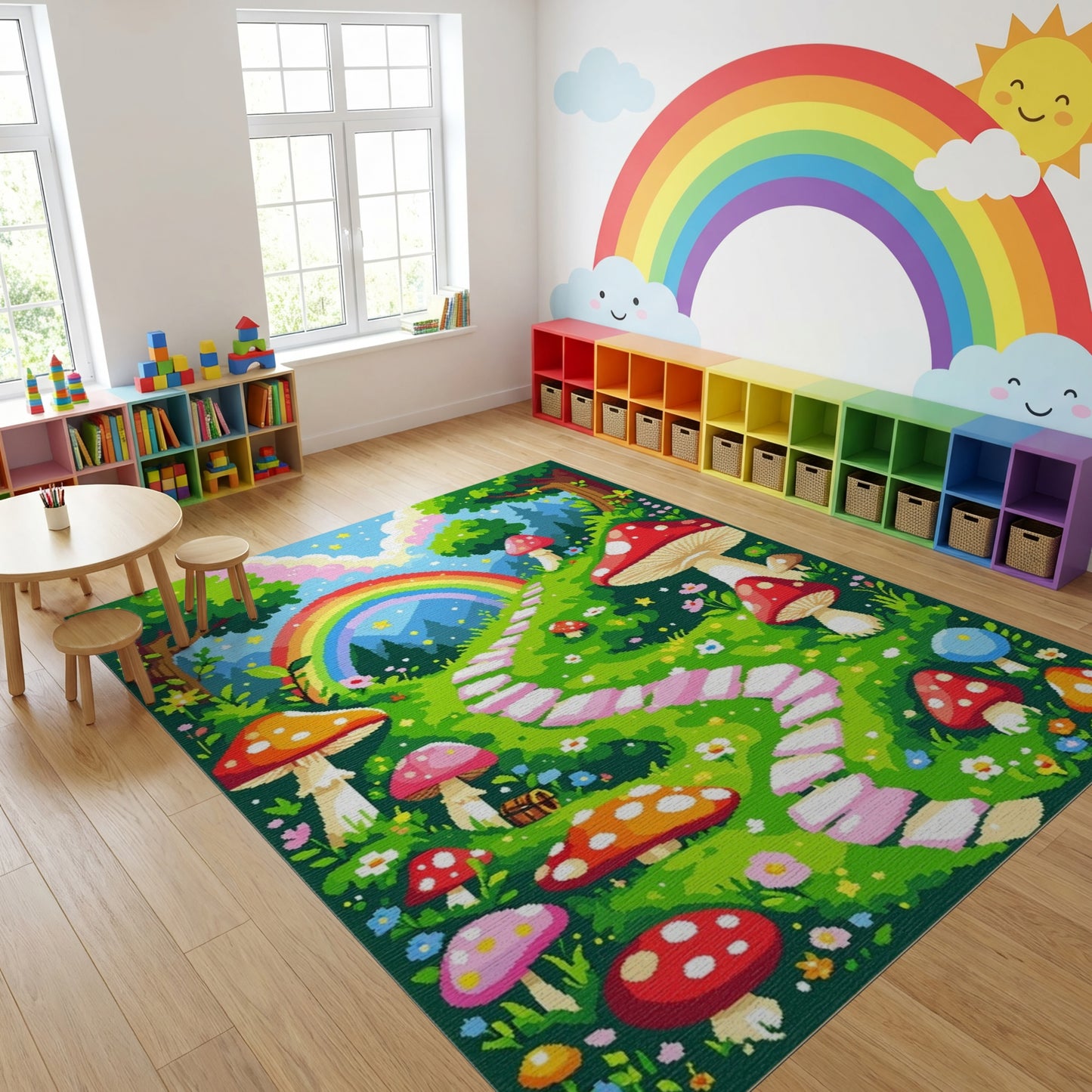 Whimsical Mushroom Rainbow Forest Path Rug