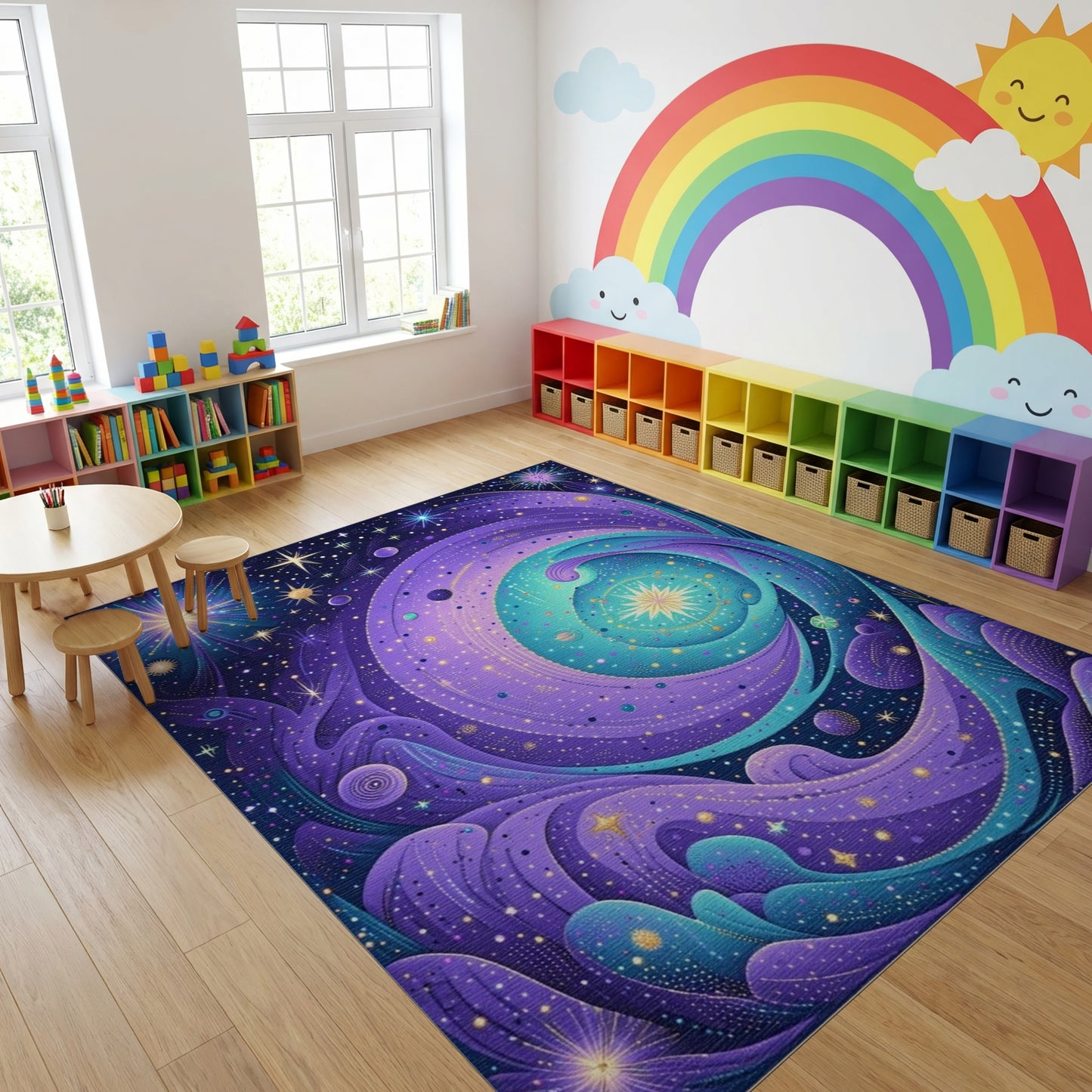 Purple Teal Cosmic Swirl Stars Rug