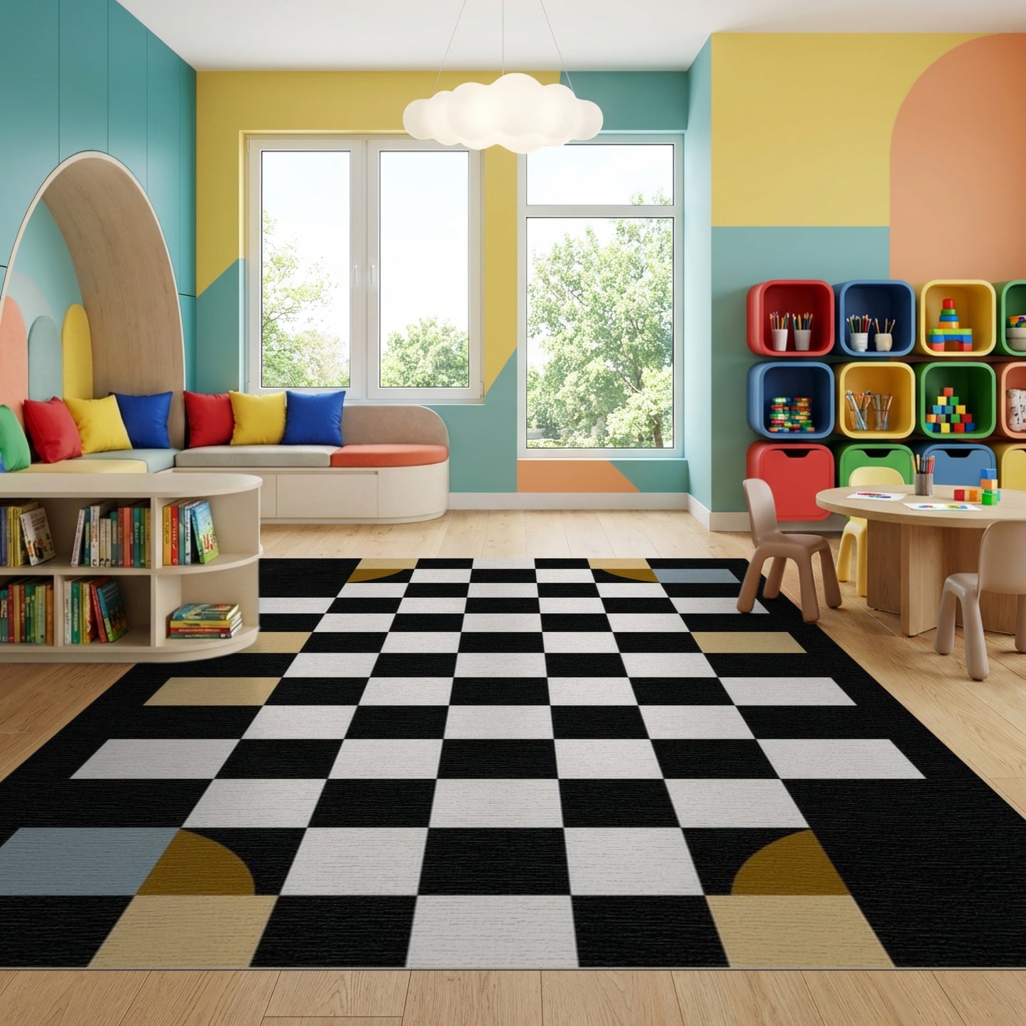 Black White Gold Teal Checkerboard Rug