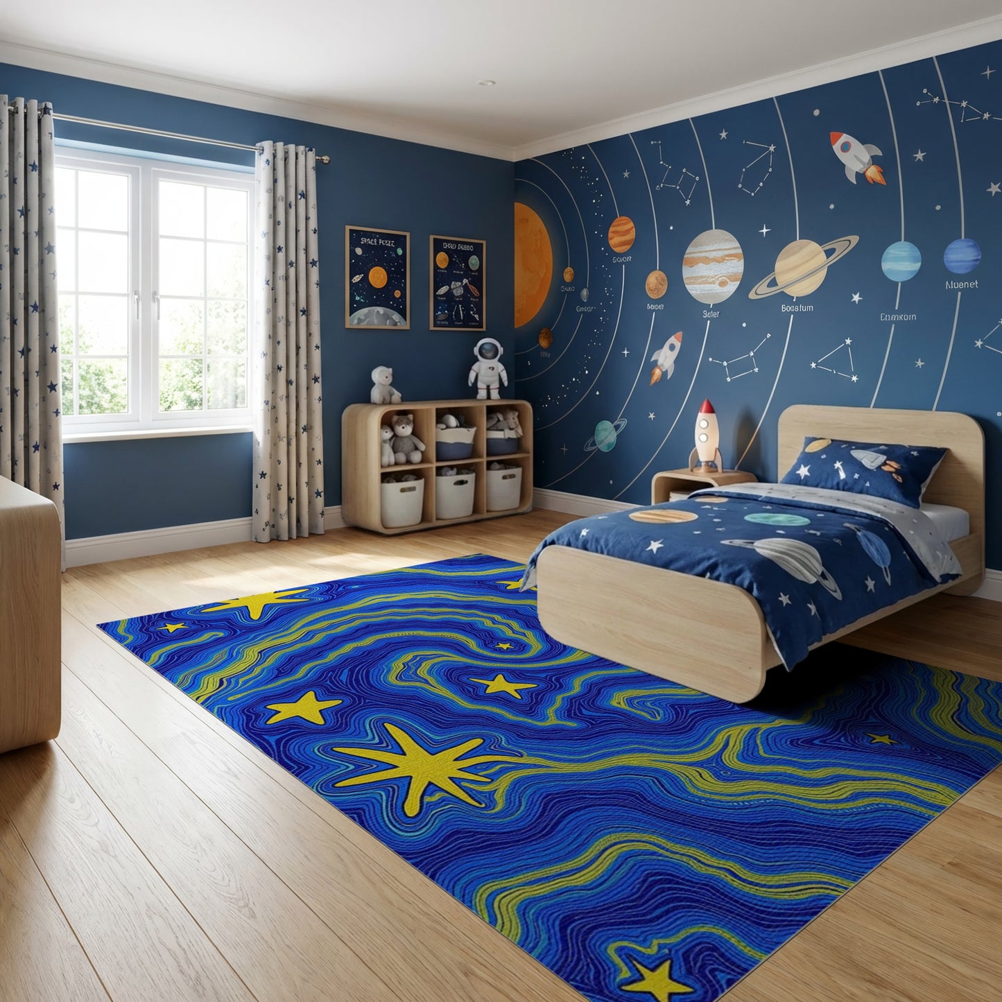 Bold Yellow Stars Swirling Navy Waves Rug