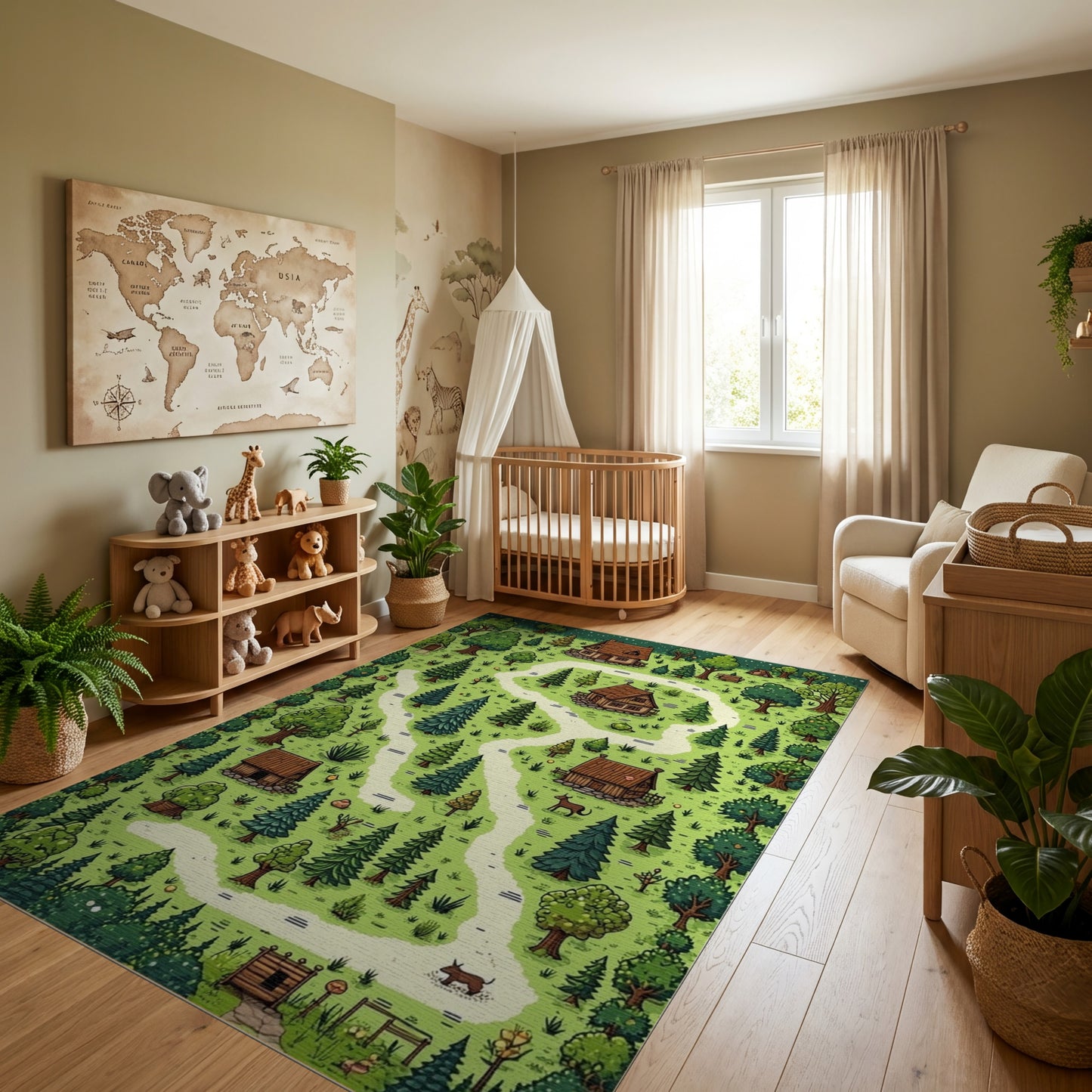 Whimsical Green Forest Cottages Path Rug