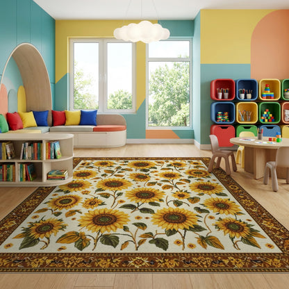 Cream Sunflower Leaves Golden Border Rug