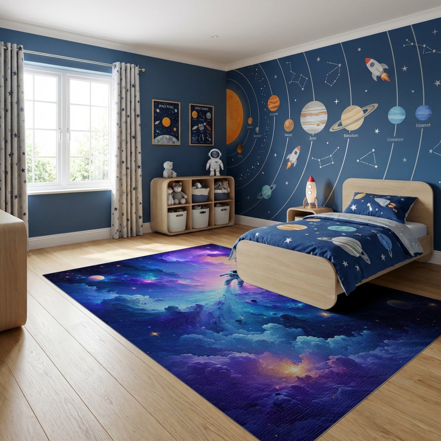 Vibrant Cosmic Astronaut Nebula Rug