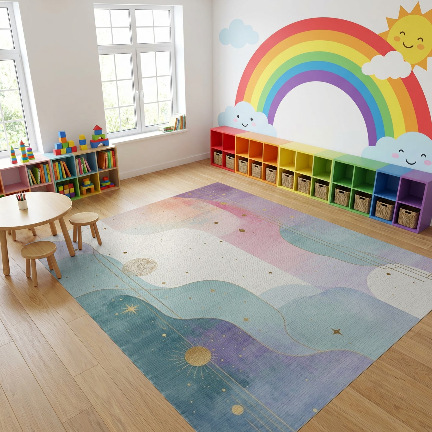 Ethereal Teal Purple Starry Waves Rug