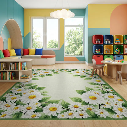 Fresh White Daisies Green Leaf Border Rug