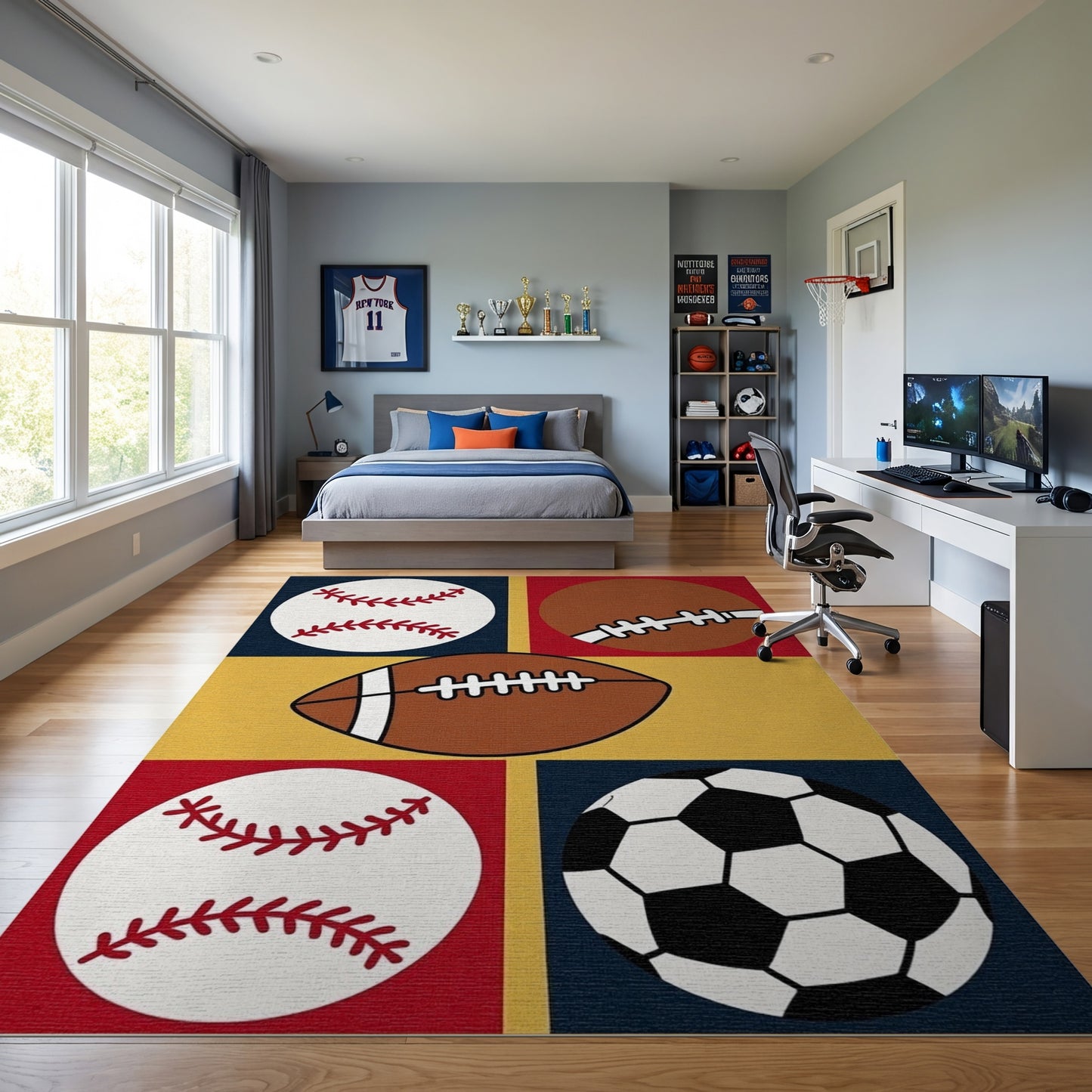 Playful Baseball Football Soccer Grid Rug