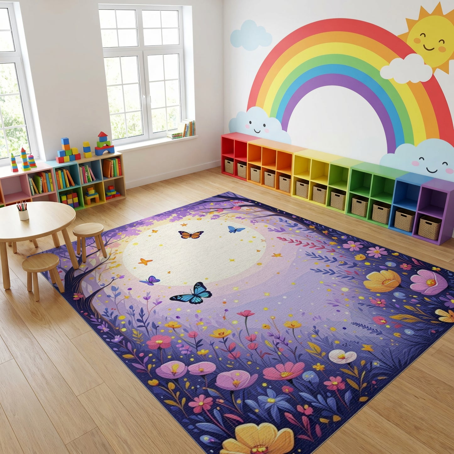 Whimsical Purple Forest Moon Butterflies Rug