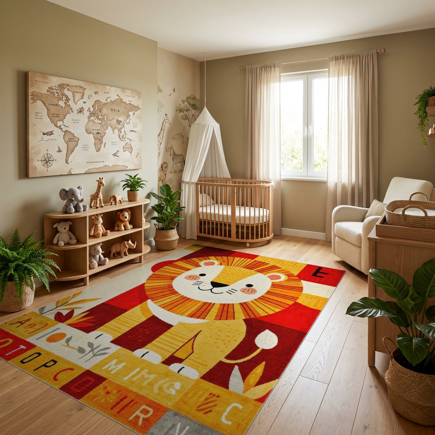 Playful Geometric Lion Alphabet Rug