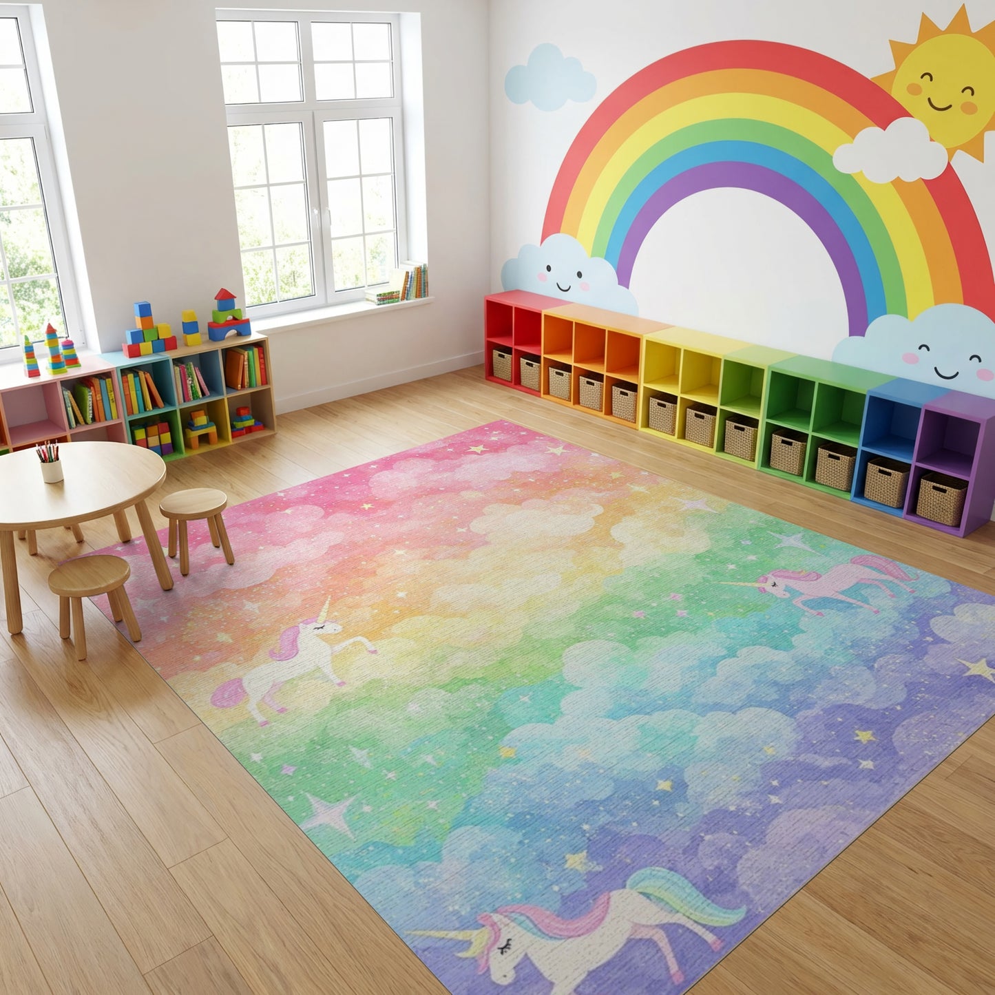 Whimsical Unicorn Rainbow Cloud Stars Rug