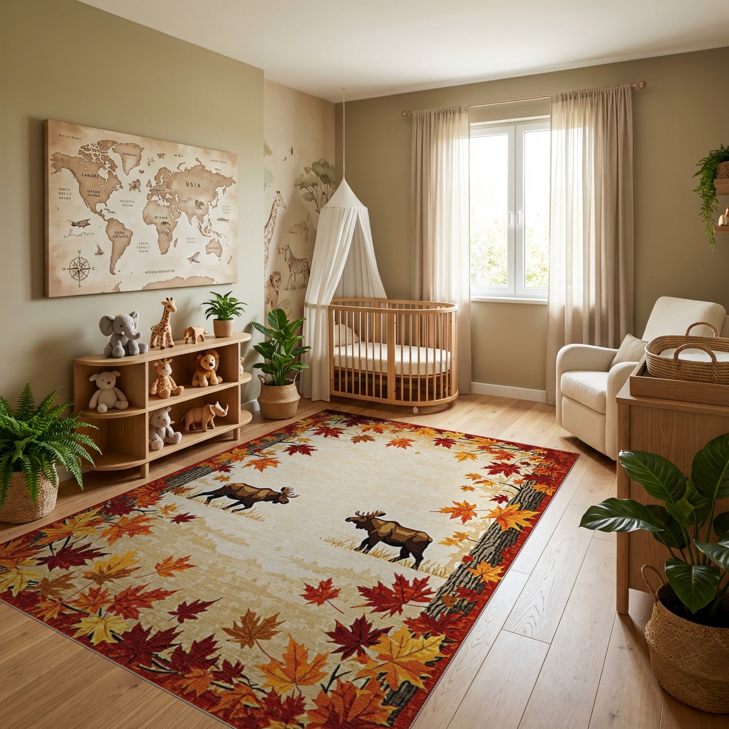 Rustic Woodland Moose Autumn Leaves Rug