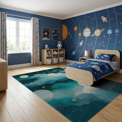 Dreamy Teal Starry Clouds Moon Rug