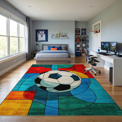 Vibrant Geometric Soccer Ball Rug
