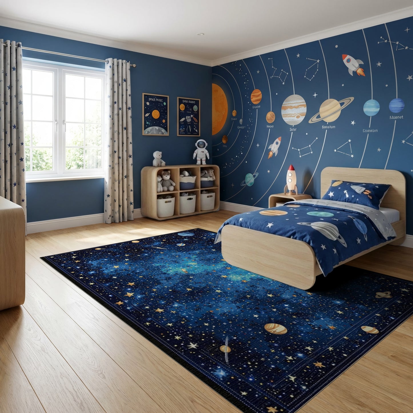 Cosmic Navy Stars Planets Nebula Rug