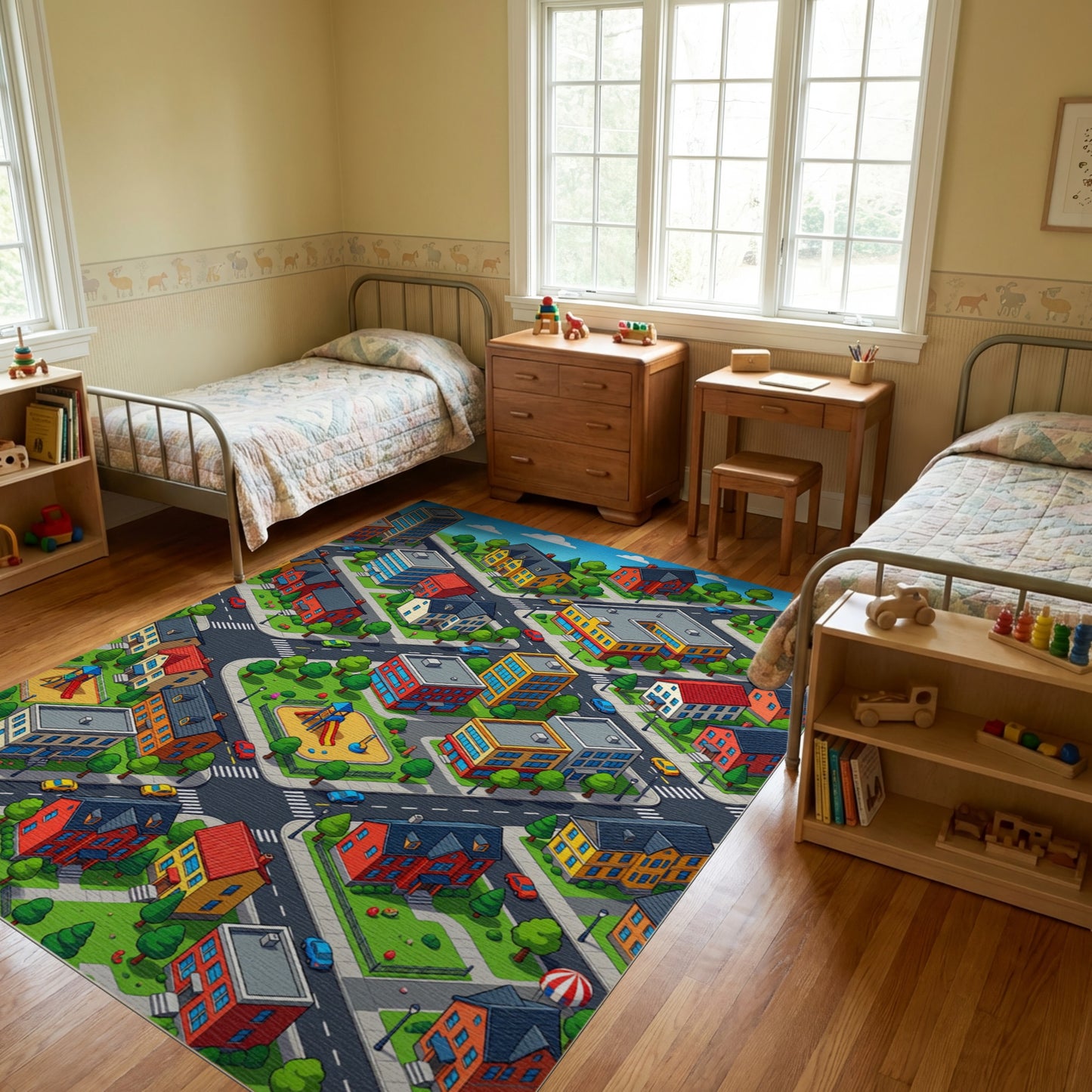 Playful Colorful Isometric City Rug