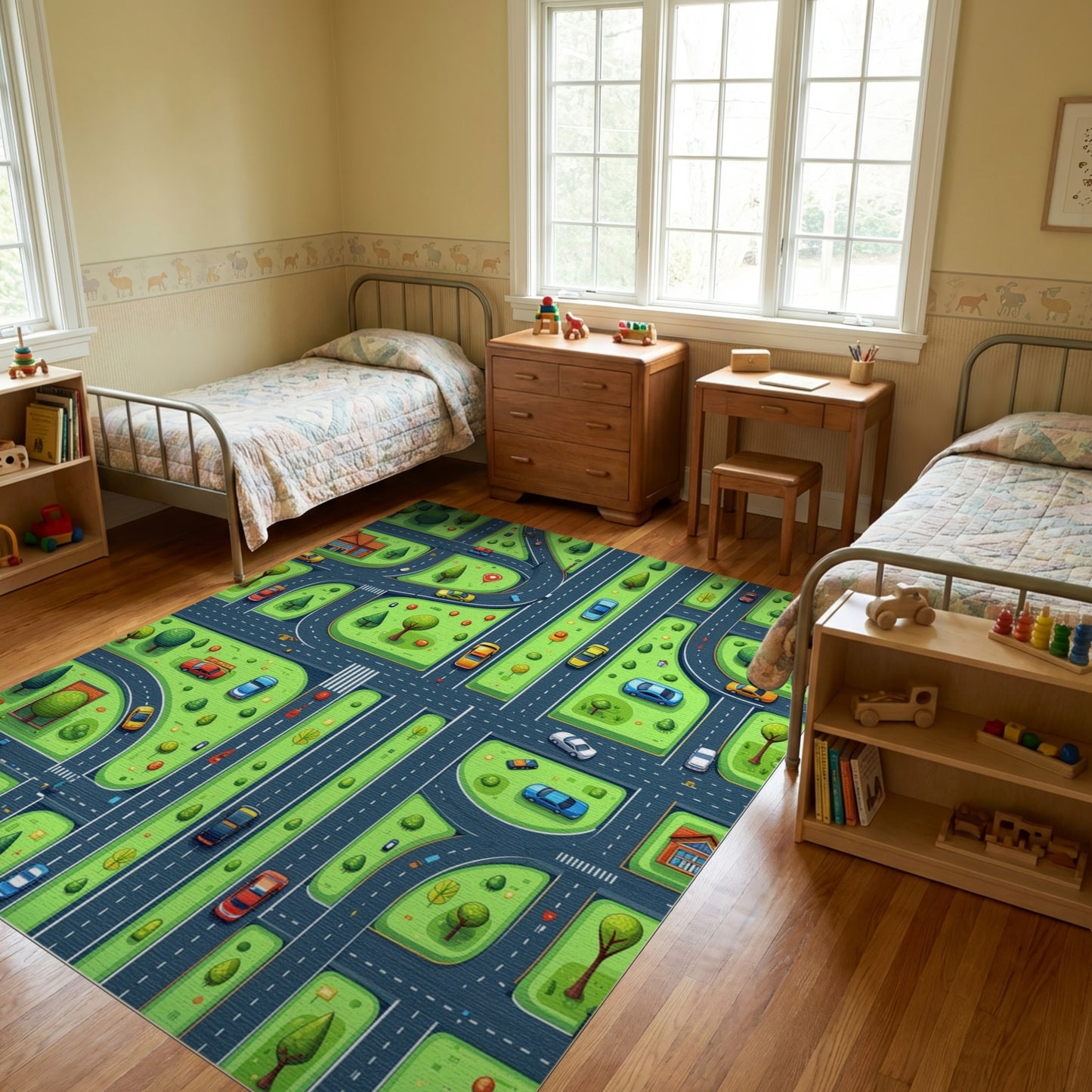 Whimsical Green Streets Cars Trees Rug